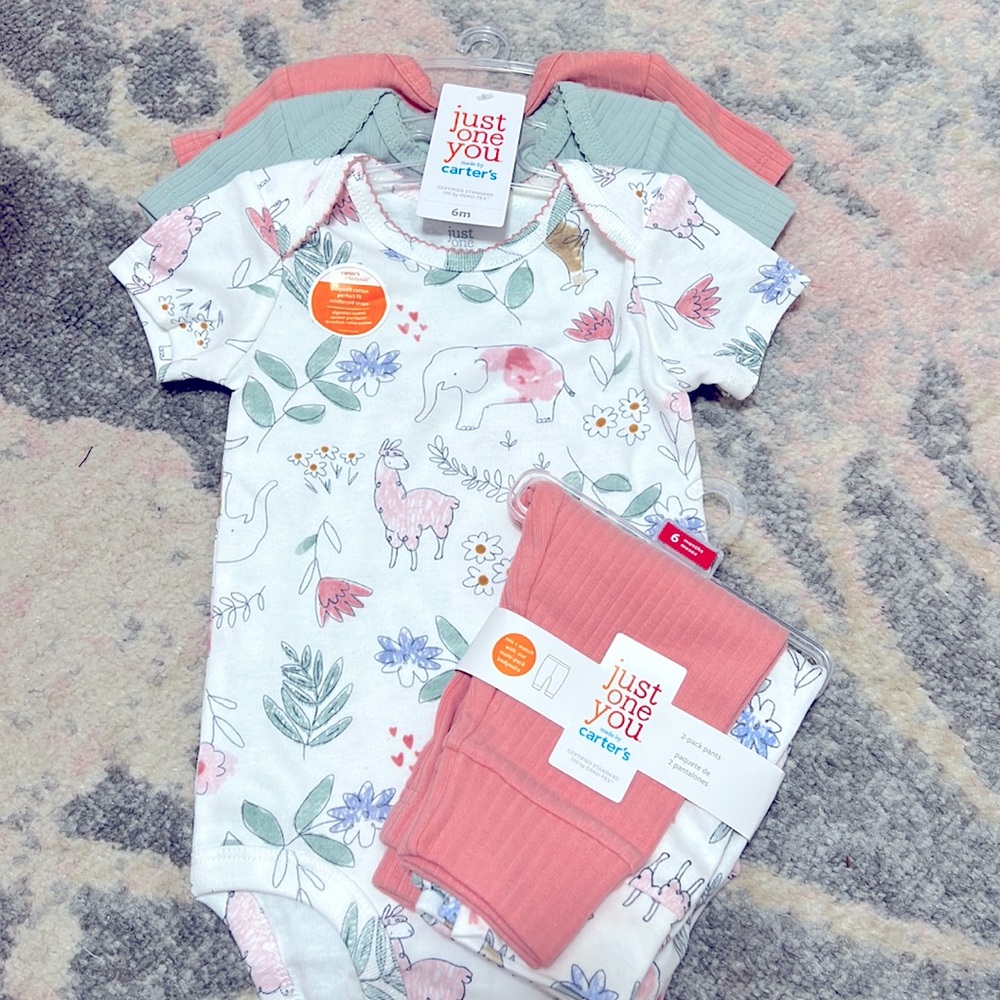 NWT Baby Girls’ Carter’s Just For You 3pk Safari Bodysuits and 2pk leggings 6M